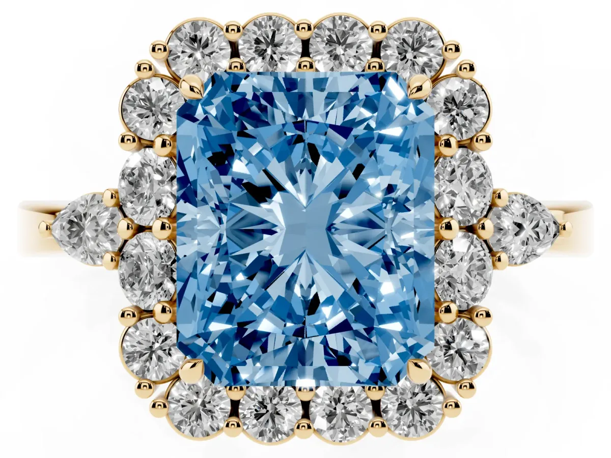 Fancy Blue Radiant Cut Diamond Halo Ring with Pear Side Stones and Prong Setting Yellow gold