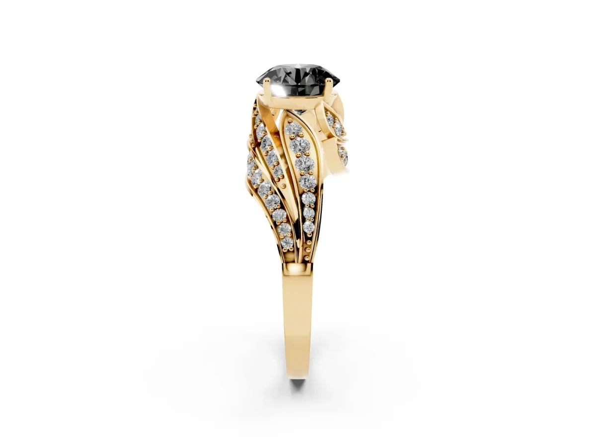 Fancy Black Round Cut Diamond Solitaire Ring with Prong Setting and Twisted Pavé Band Yellow gold