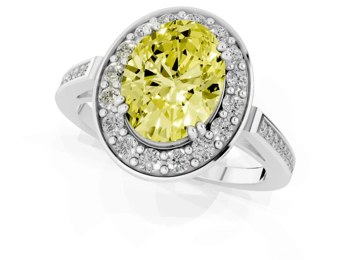 Fancy Yellow Oval Cut Diamond Halo Ring with Split Shank and Four-Prong Setting Silver