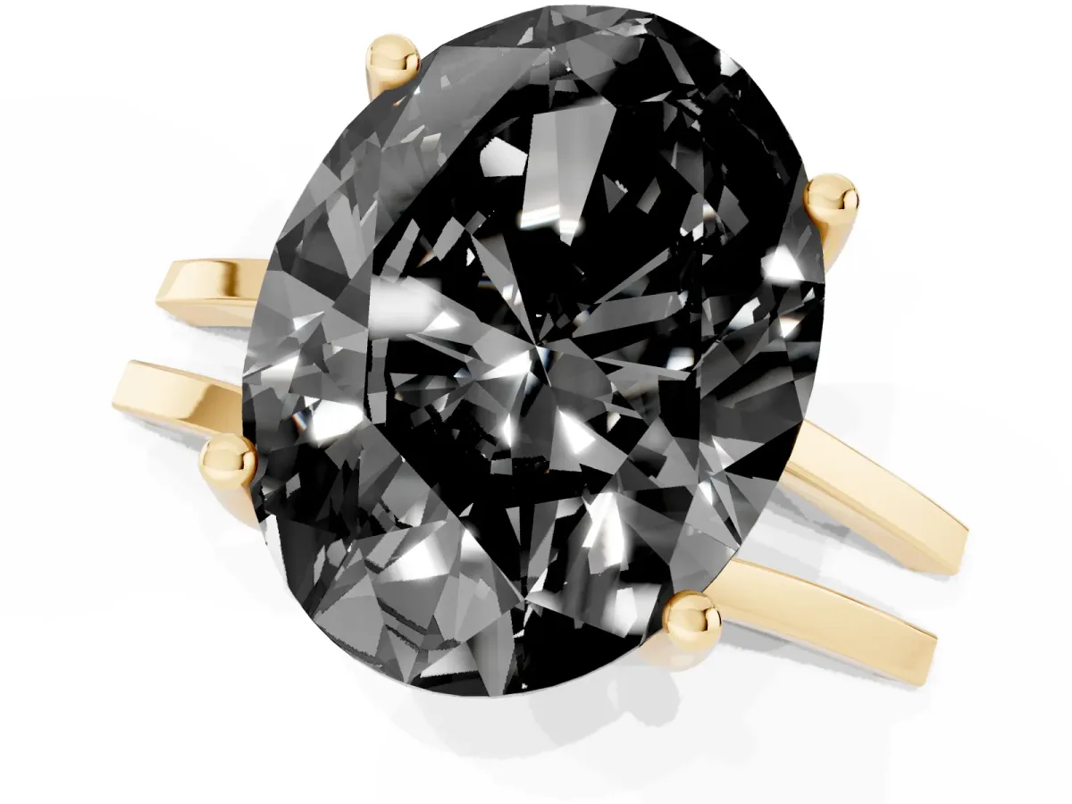 Fancy Black Oval Cut Cut Diamond Solitaire Engagement Ring with Tapered Plain Band and Four-Prong Setting Yellow gold