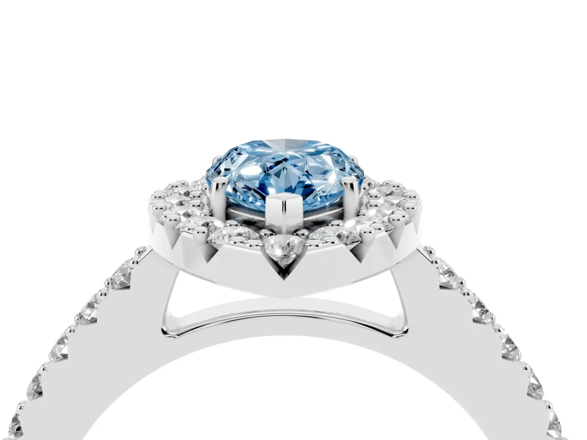 Fancy Blue Pear Cut Halo Diamond Pavé Solitaire Ring Platinum