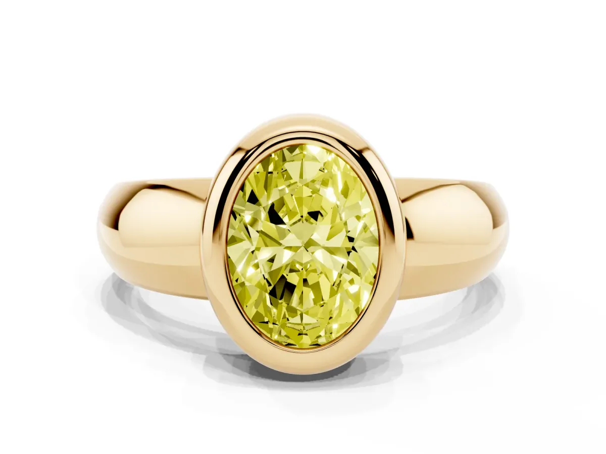Fancy Yellow Bezel Set Oval Cut Solitaire Ring with Wide Band Yellow gold