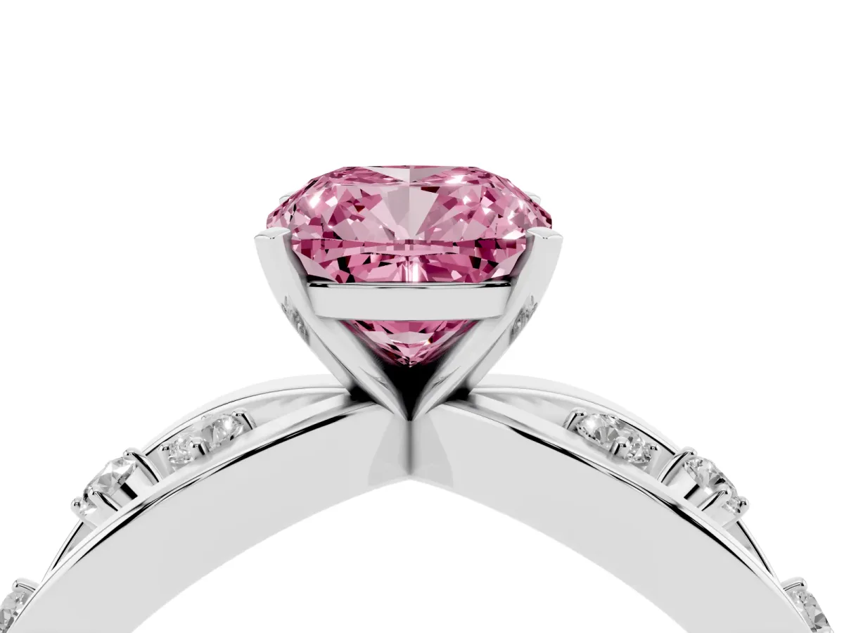Fancy Pink Cushion Cut Cut Solitaire Diamond with Side Stones on Criss-Cross Band and Four-Prong Setting Platinum