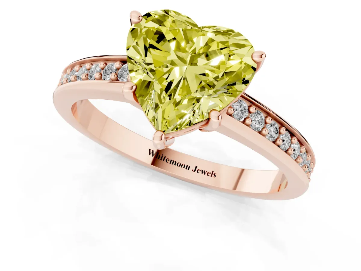 Fancy Yellow Heart Cut Solitaire Pavé Band Prong Setting Ring Rose gold