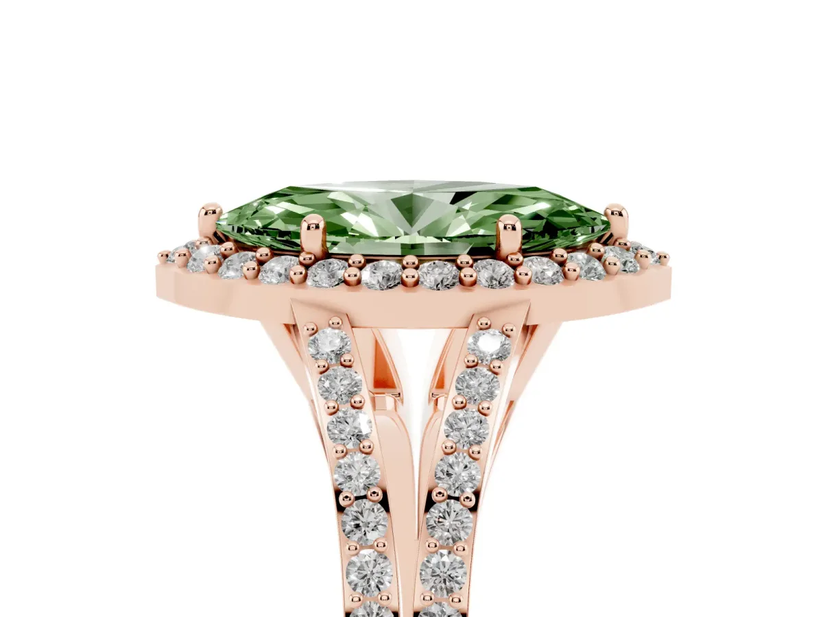 Fancy Green Marquise Cut Halo Split Shank Diamond Ring with Prong Setting Rose gold