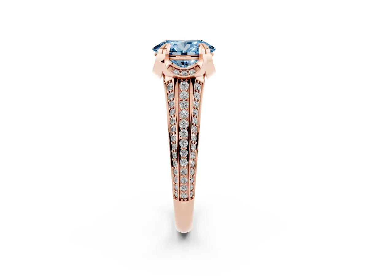 Fancy Blue Oval Cut Solitaire Pave Split Shank Ring with Four-Prong Setting Rose gold