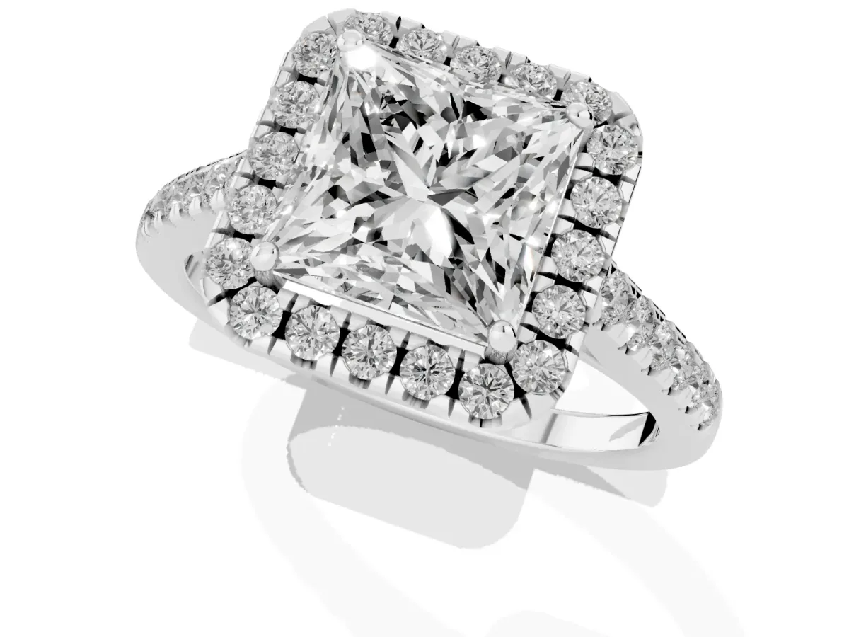 Princess Cut Halo Pave Diamond Engagement Ring with Four-Prong Setting Silver