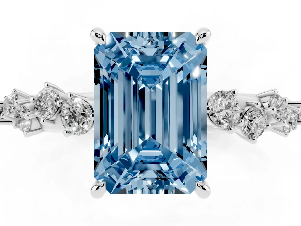 Fancy Blue Emerald Cut Diamond Cluster Side Stone Solitaire Ring with Prong Setting Platinum