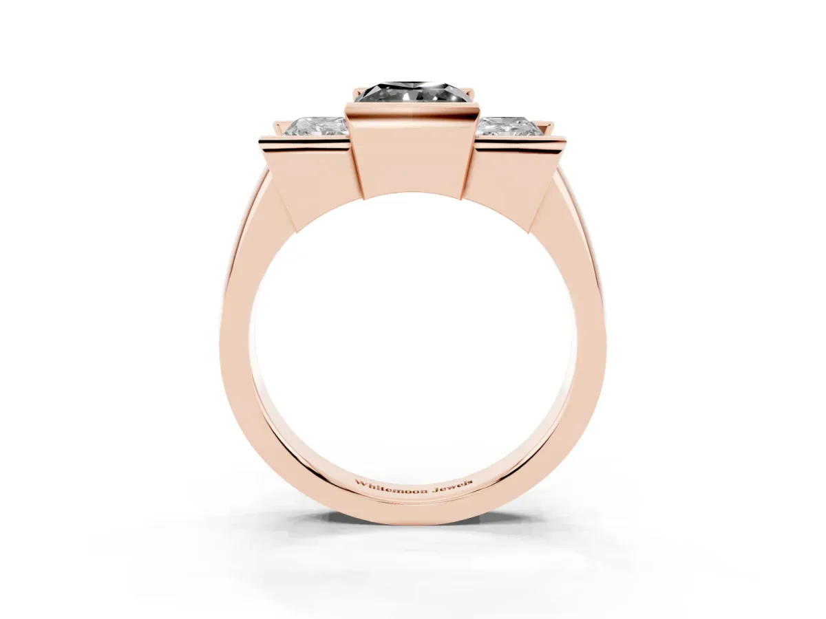 Fancy Black Three Stone Radiant Cut Cut Channel Set Diamond Ring Rose gold