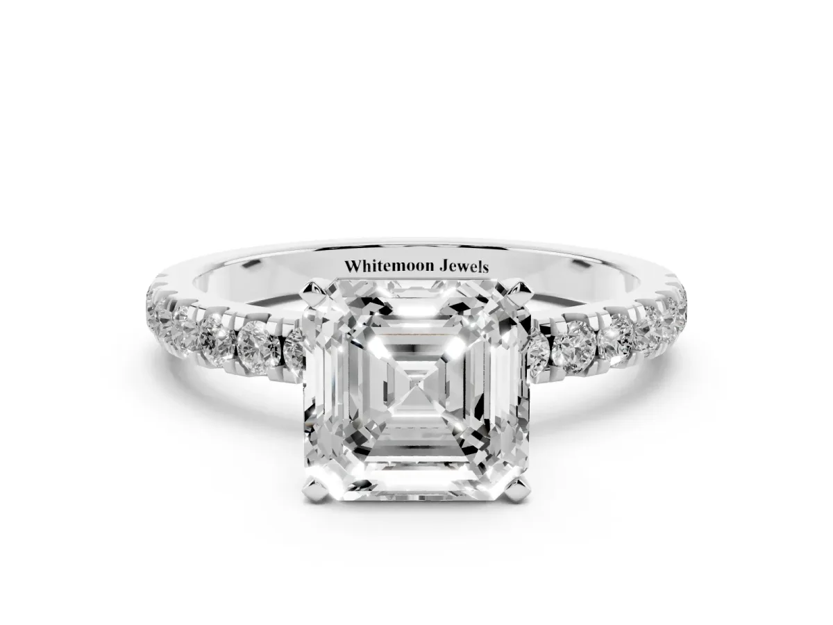 Asscher Cut Diamond Solitaire Ring with Pavé Accents and Four-Prong Setting Silver
