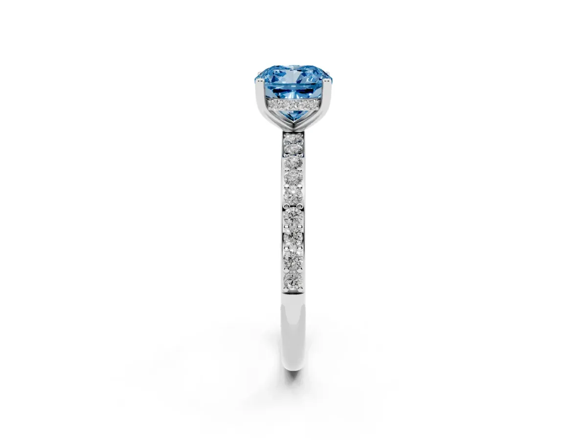 Fancy Blue Cushion Cut Cut Diamond Pavé Band Ring with Four-Prong Setting Silver