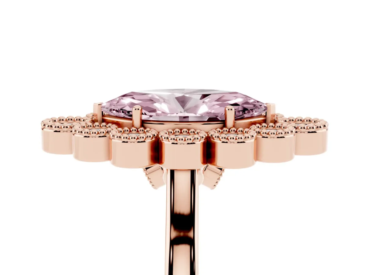 Fancy Pink Marquise Cut Halo Diamond Cluster Engagement Ring with Milgrain Bezel Setting and Solitaire Band Rose gold