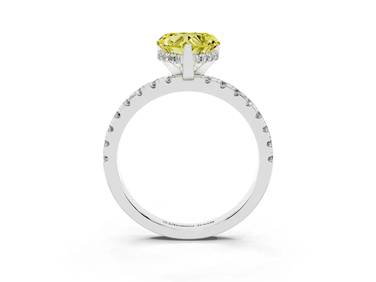 Fancy Yellow Heart Cut Diamond Solitaire Ring with Round Pavé Band and Four-Prong Setting Silver