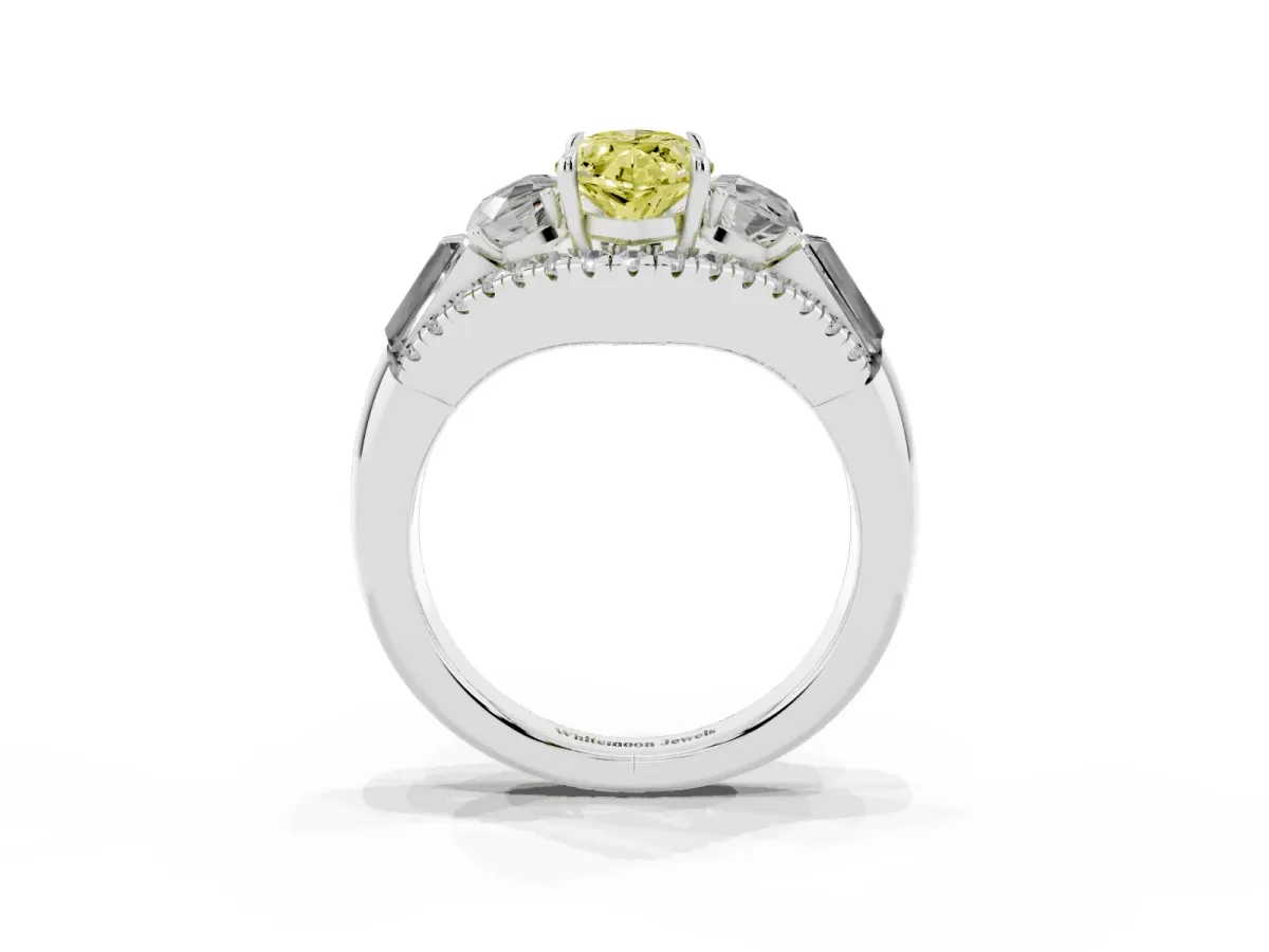 Fancy Yellow Three-Stone Marquise Cut Diamond Engagement Ring with Pave Band and Prong Setting Silver