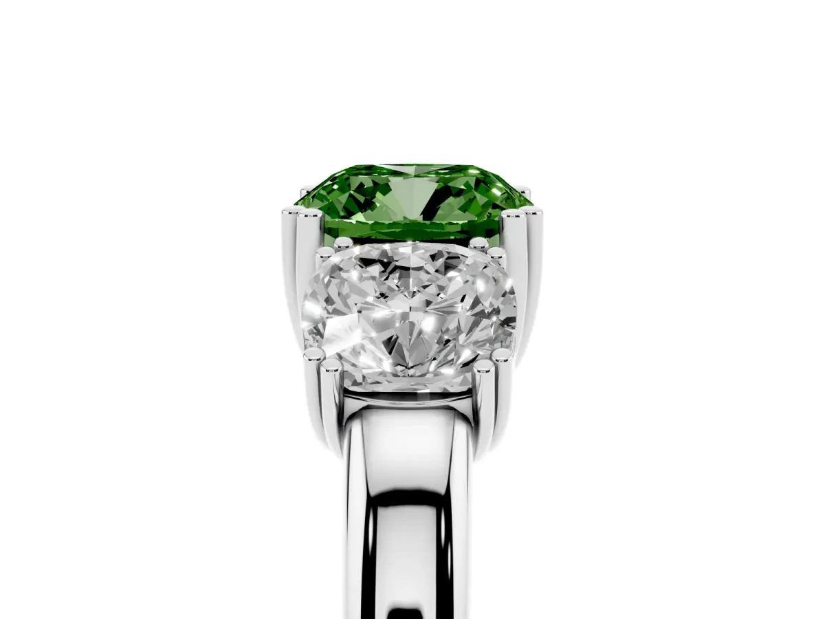 Fancy Green Three-Stone Cushion Cut Cut Diamond Ring with Channel Set Band and Four-Prong Setting Silver