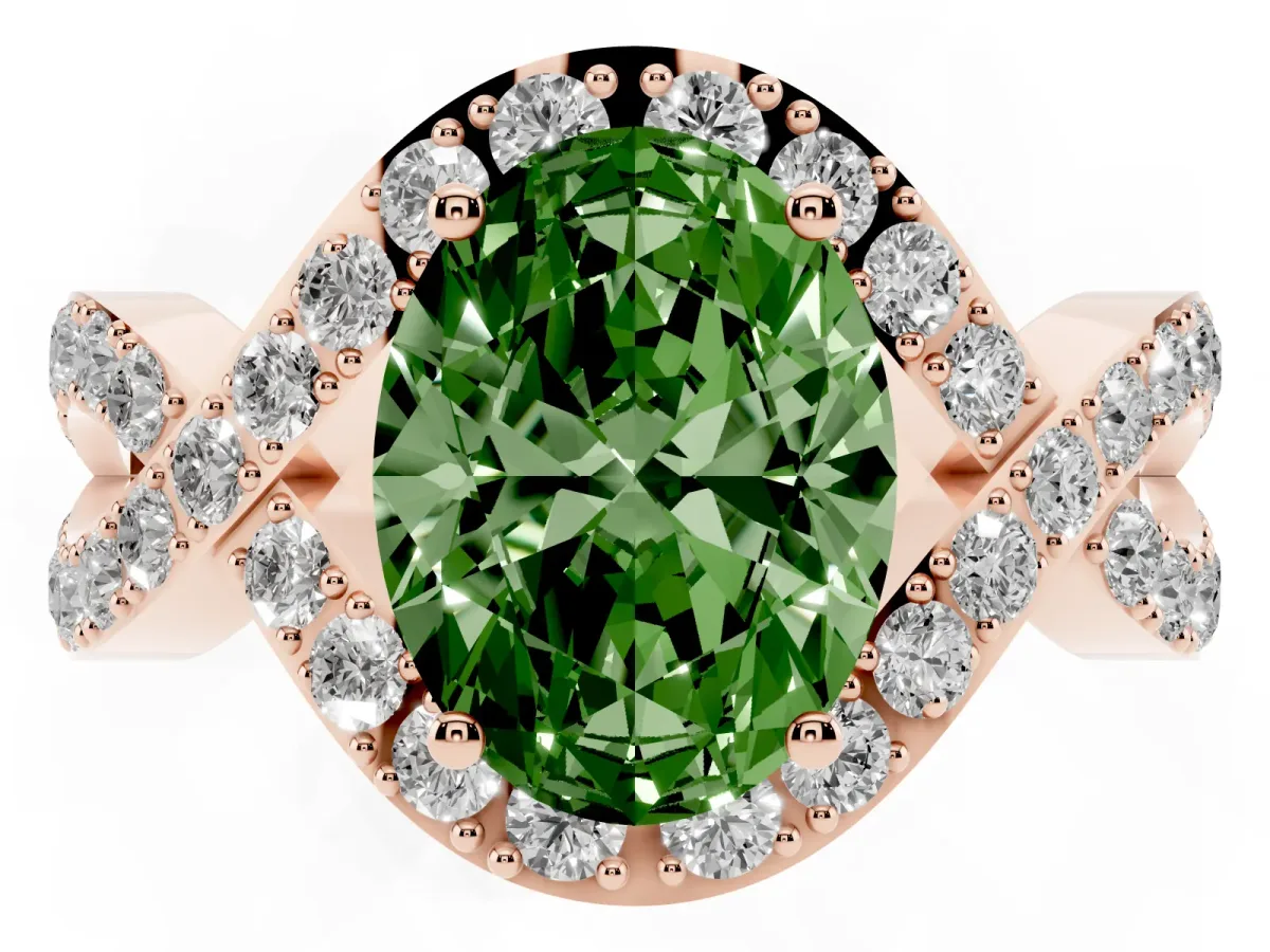 Fancy Green Oval Cut Solitaire Twist Band Pavé Diamond Engagement Ring Rose gold