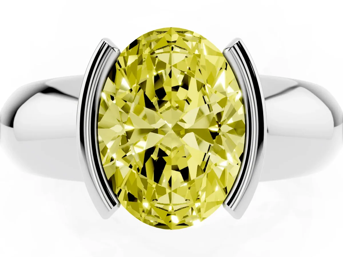 Fancy Yellow Oval Cut Solitaire Tension Set Diamond Ring with Wide Band Platinum