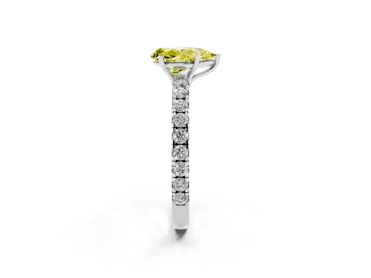 Fancy Yellow Pear Cut Diamond Pavé Solitaire Engagement Ring with Four-Prong Setting Platinum