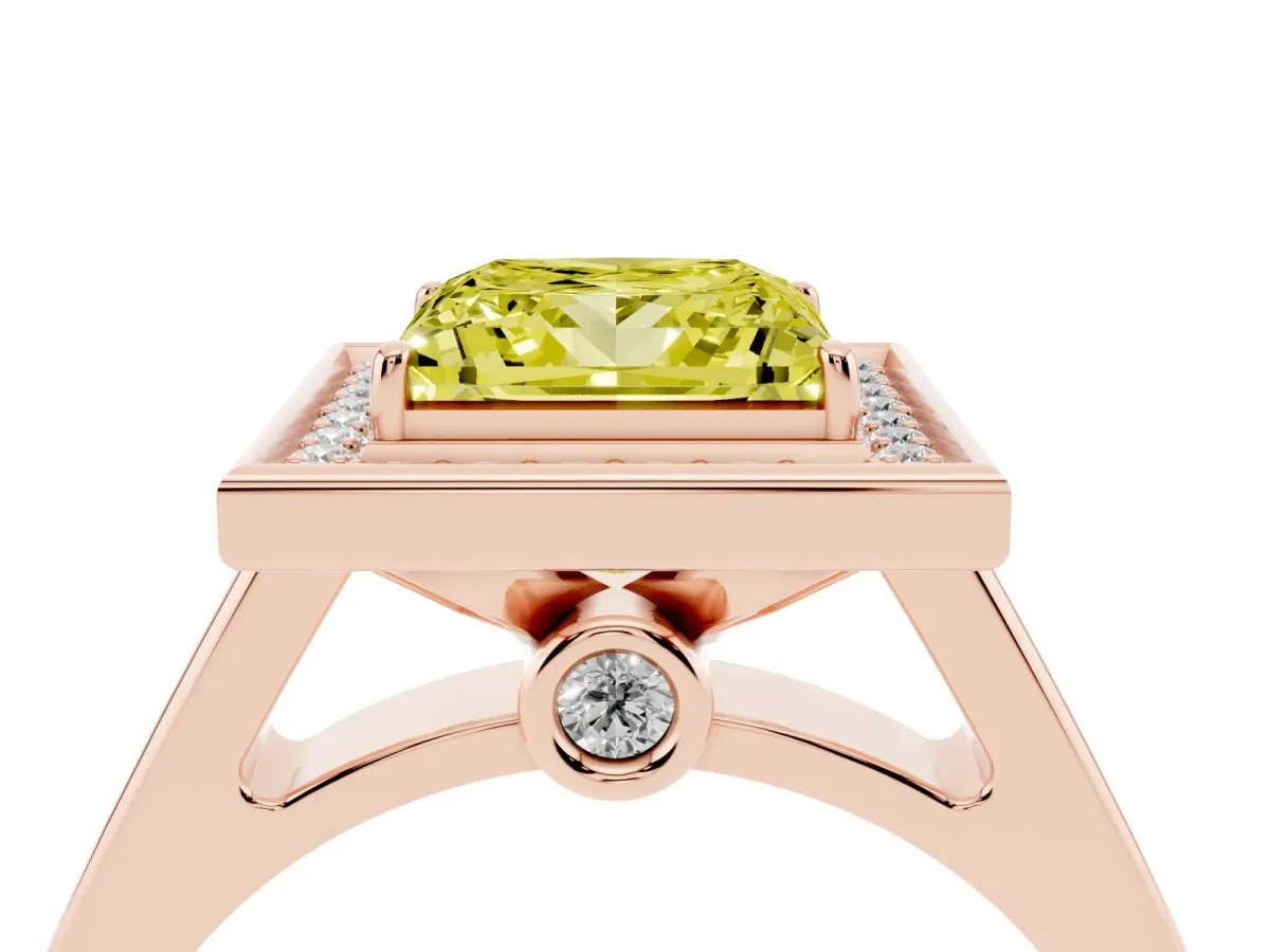 Fancy Yellow Princess Cut Halo Solitaire Diamond Ring with Pave Band and Bezel Setting Rose gold