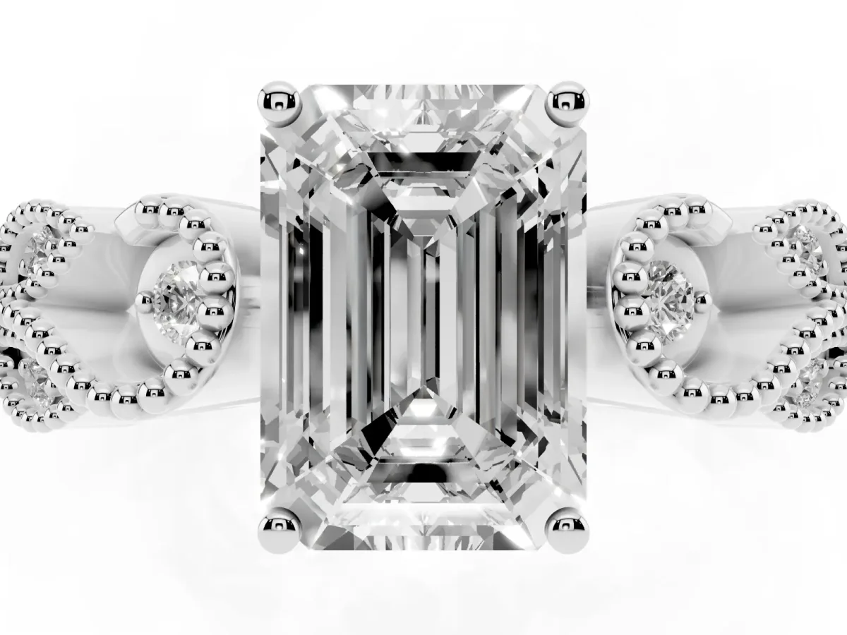 Emerald Cut Solitaire Milgrain Leaf Band with Prong Setting Silver