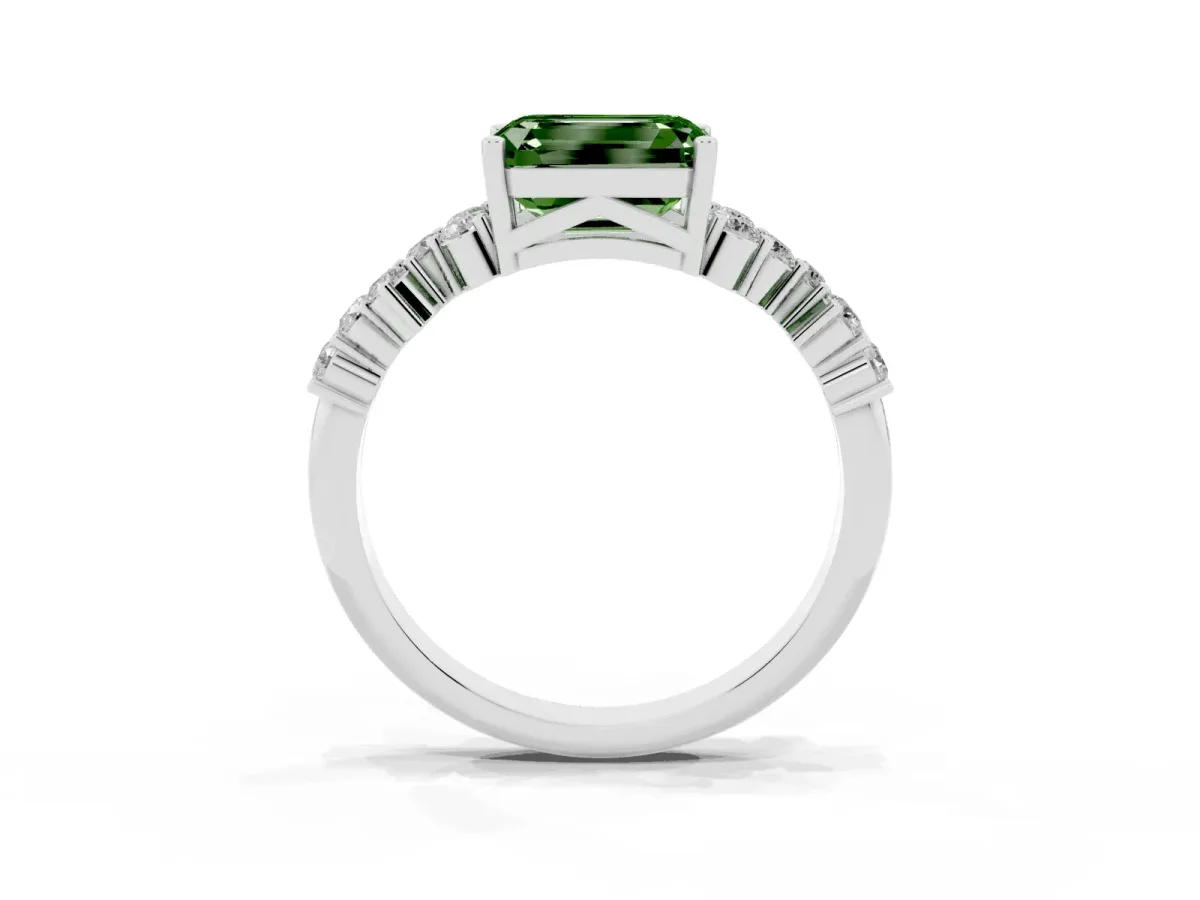 Fancy Green Emerald Cut Diamond Scattered Round Accent Ring with Prong Setting Silver