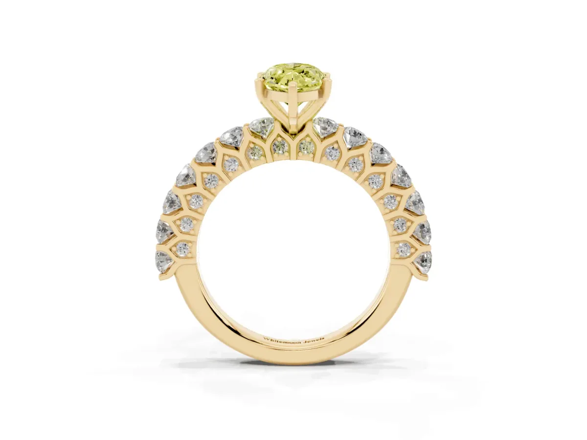 Fancy Yellow Marquise Cut Diamond Solitaire Ring with Shared Prong Pavé Band and Four-Prong Setting Yellow gold