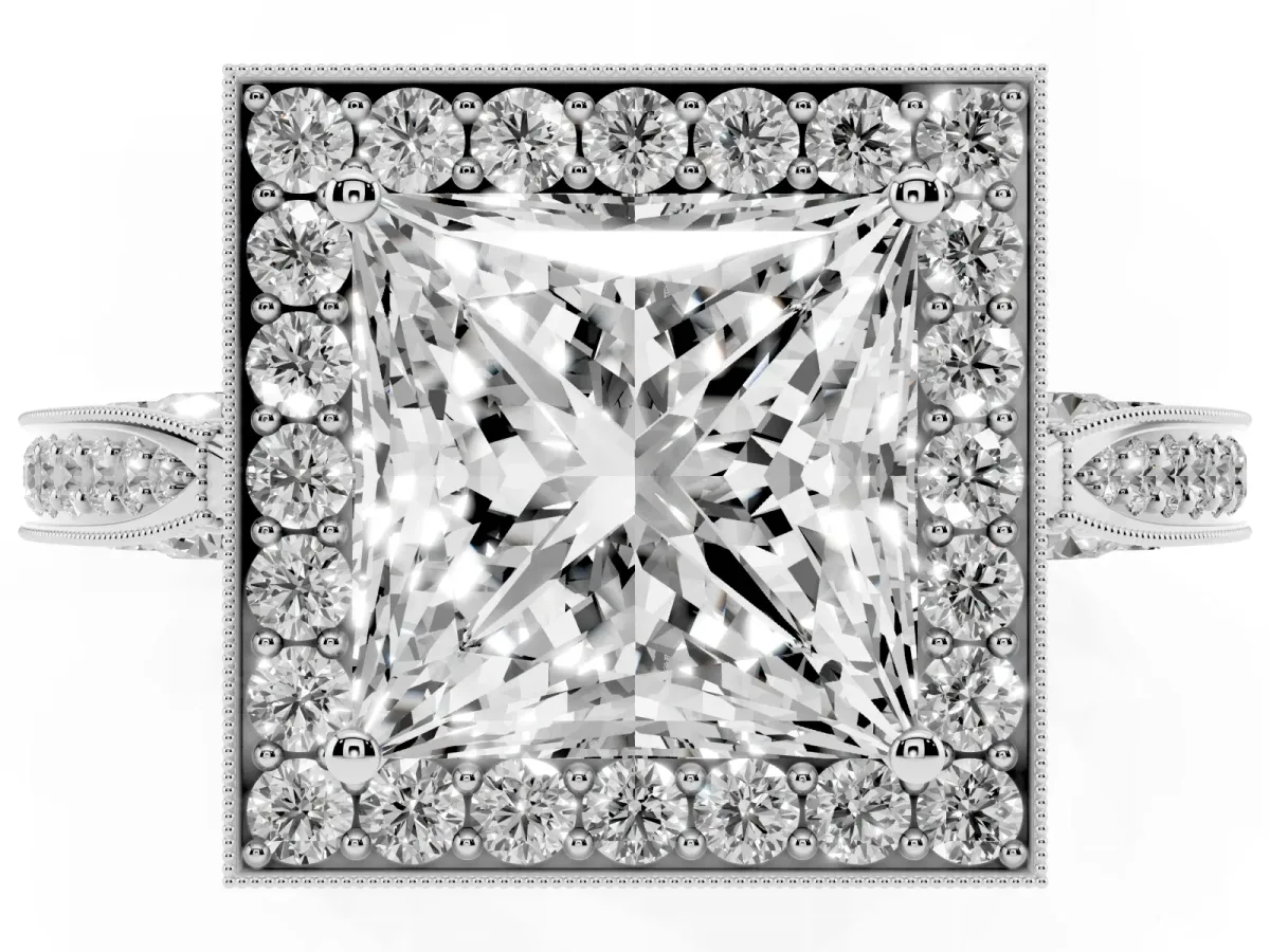 Princess Cut Halo Diamond Engagement Ring with Split Shank Band and Four-Prong Setting Silver