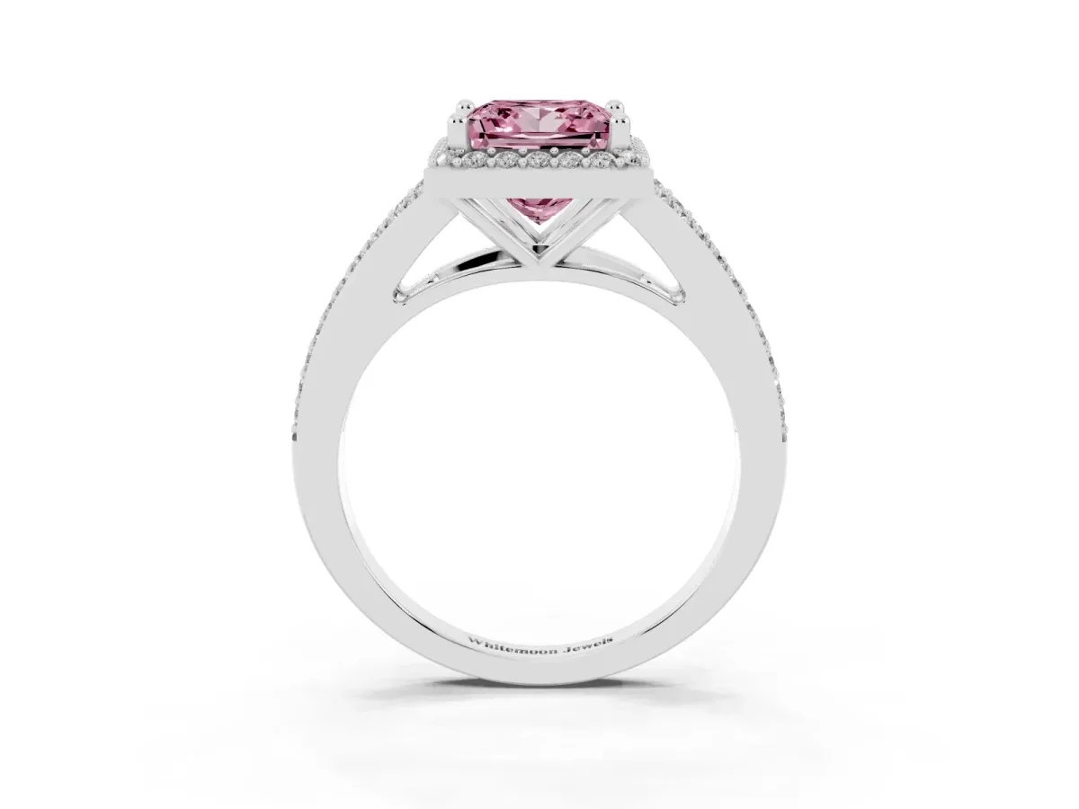 Fancy Pink Princess Cut Halo Split Shank Diamond Ring with Prong Setting Silver