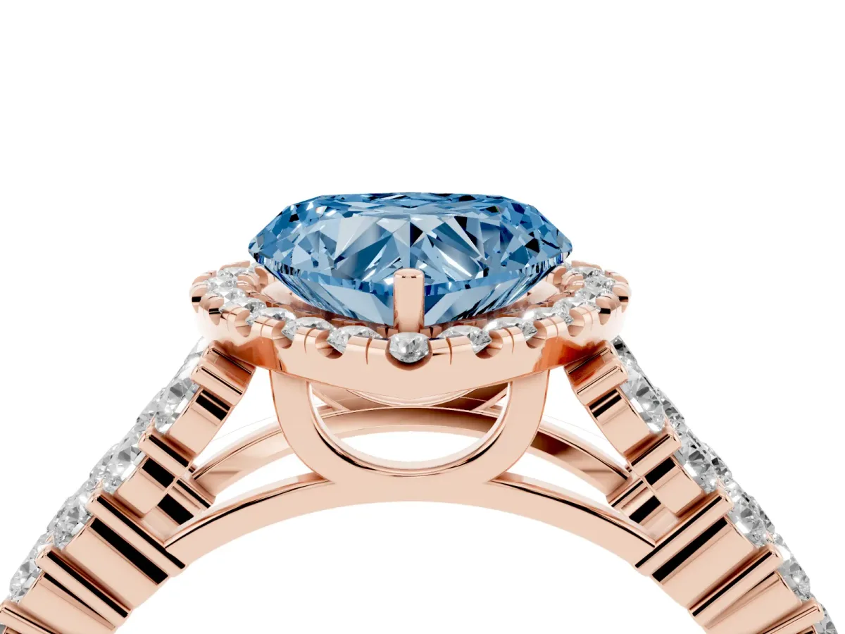 Fancy Blue Heart Cut Diamond Halo Engagement Ring with Triple Row Round Pavé Band and Prong Setting Rose gold