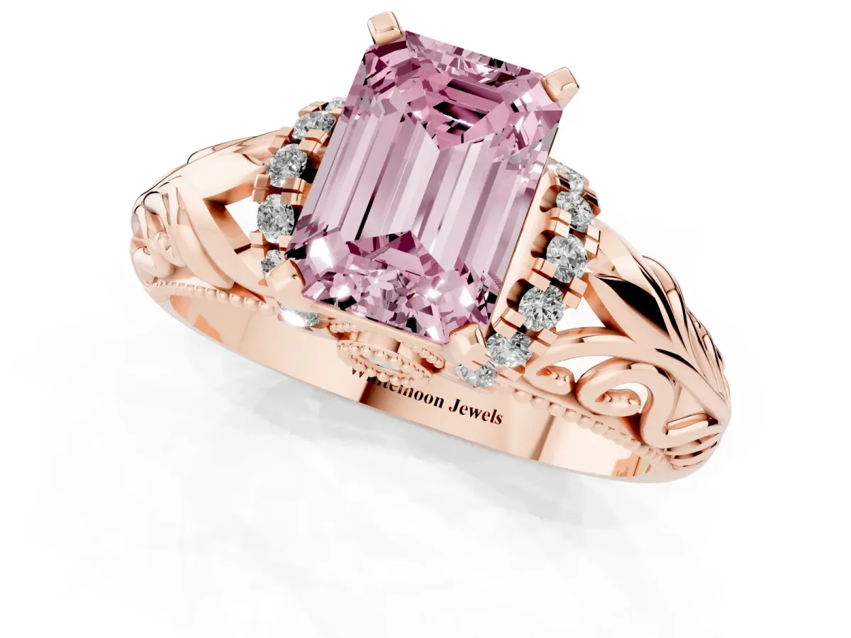 Fancy Pink Emerald Cut Solitaire Filigree Engagement Ring with Halo and Prong Setting Rose gold
