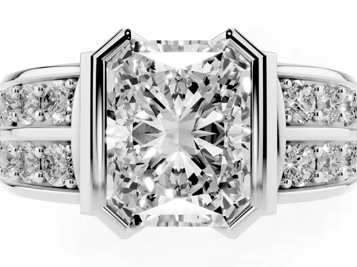 Radiant Cut Brilliant Diamond Channel Set Wide Band Ring with Bezel Setting Silver