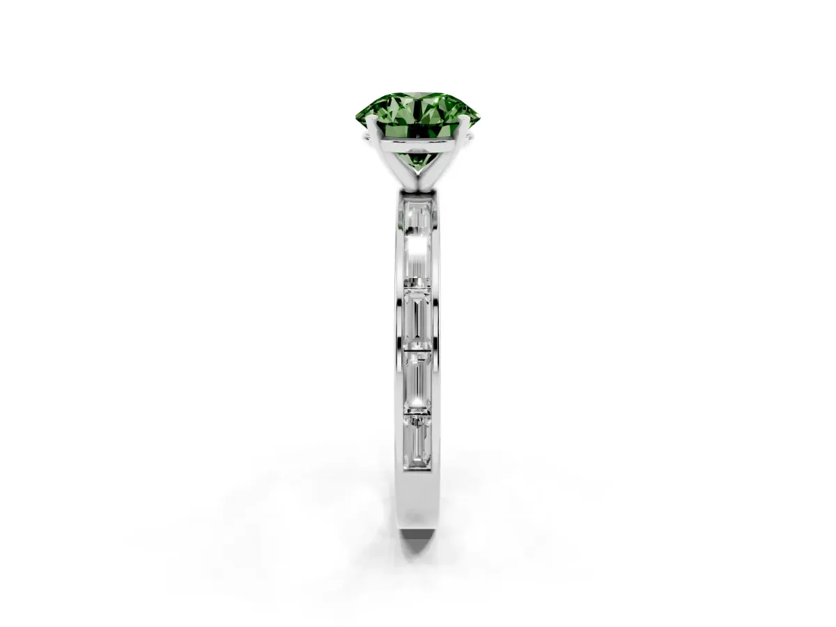 Fancy Green Round Cut Solitaire Diamond Ring with Channel-Set Baguette Band and Four-Prong Setting White gold