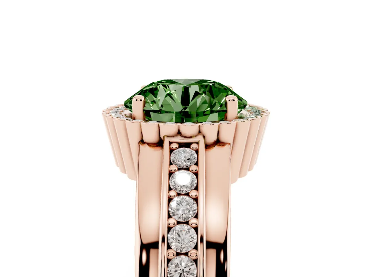 Fancy Green Round Cut Cut Halo Pave Band Four-Prong Ring Rose gold