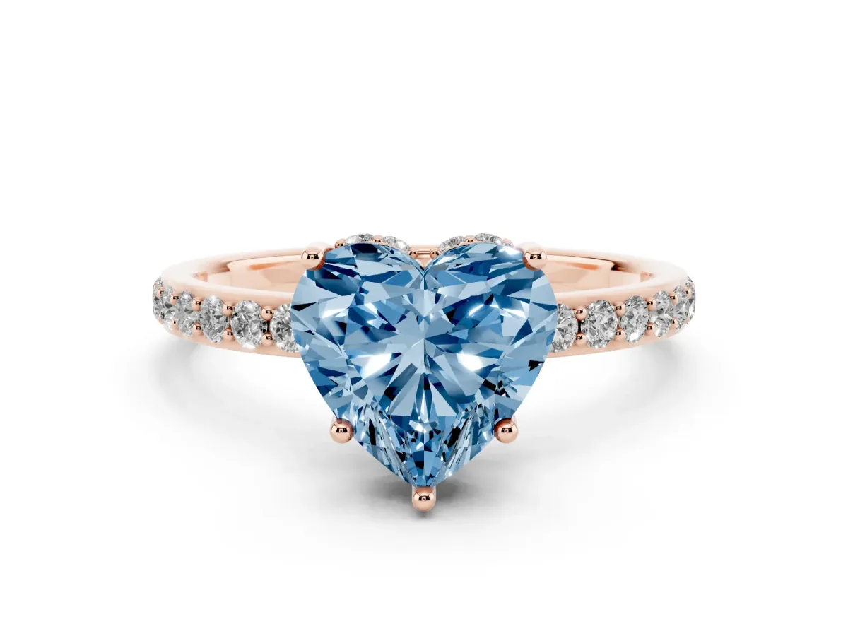 Fancy Blue Heart Cut Diamond Solitaire Ring with Pavé Band and Hidden Halo Rose gold