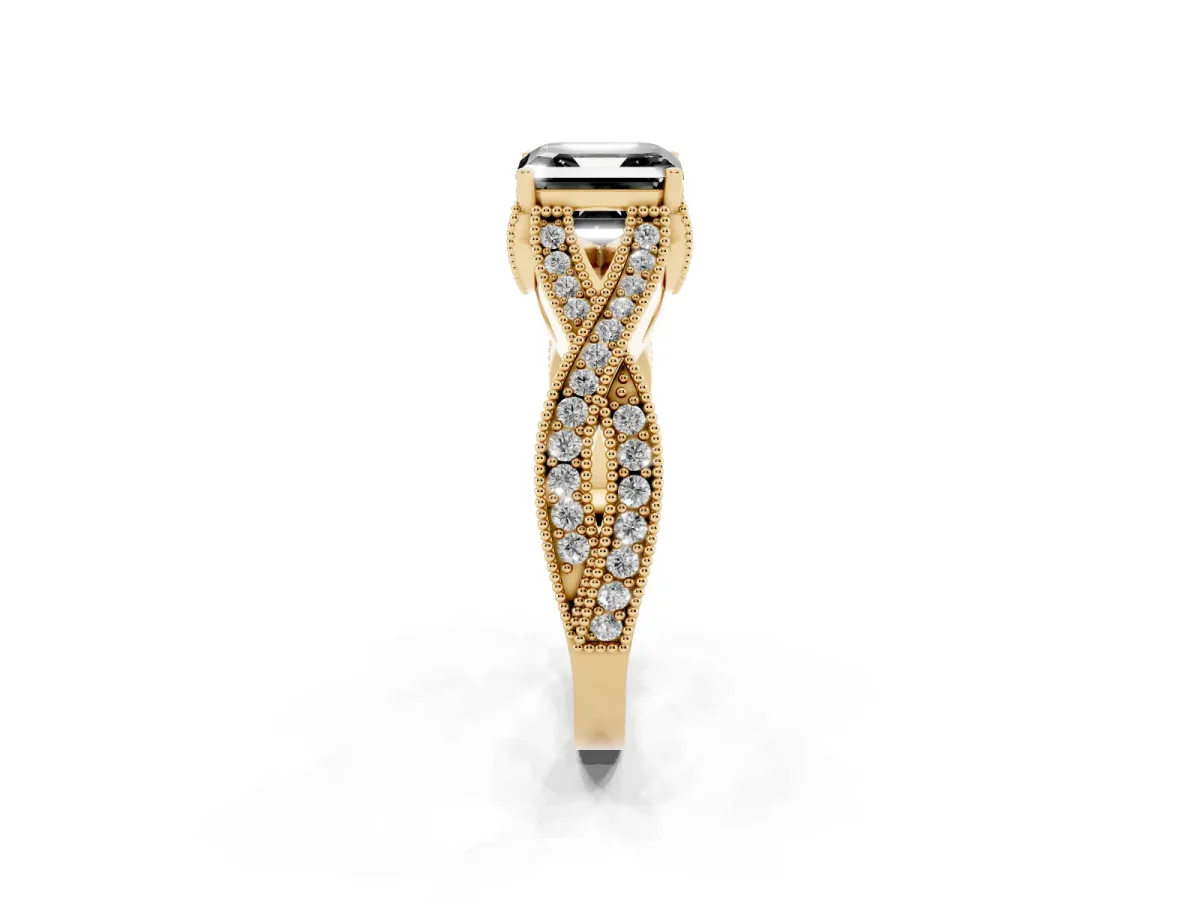Fancy Black Asscher Cut Cut Diamond Twisted Band with Milgrain Pave Setting and Four-Prong Setting Yellow gold