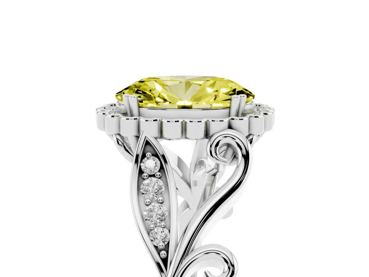 Fancy Yellow Oval Cut Diamond Halo Ring with Vintage Split Shank and Four-Prong Setting Silver