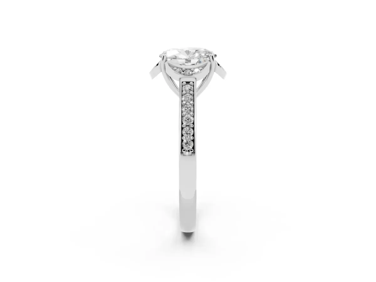 Oval Cut Cut Halo Diamond Ring with Channel Set Band and Four-Prong Setting White gold