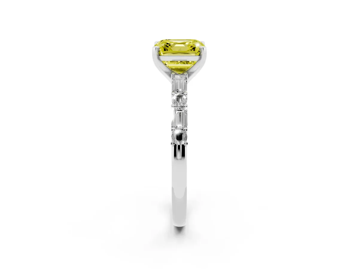 Fancy Yellow Asscher Cut Diamond Solitaire with Side Baguettes and Channel Set Band Silver