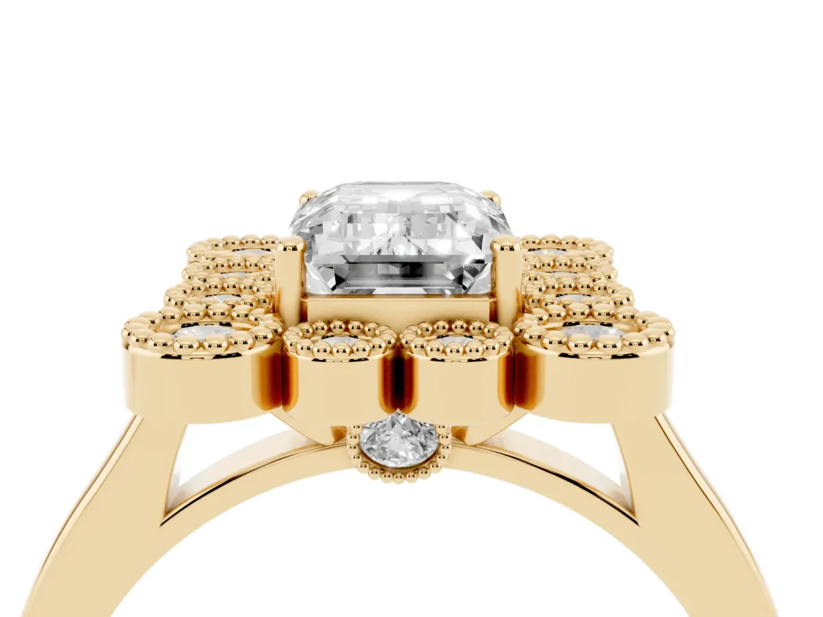 Emerald Cut Halo Diamond Cluster Engagement Ring with Milgrain Bezel Setting and Solitaire Band Yellow gold