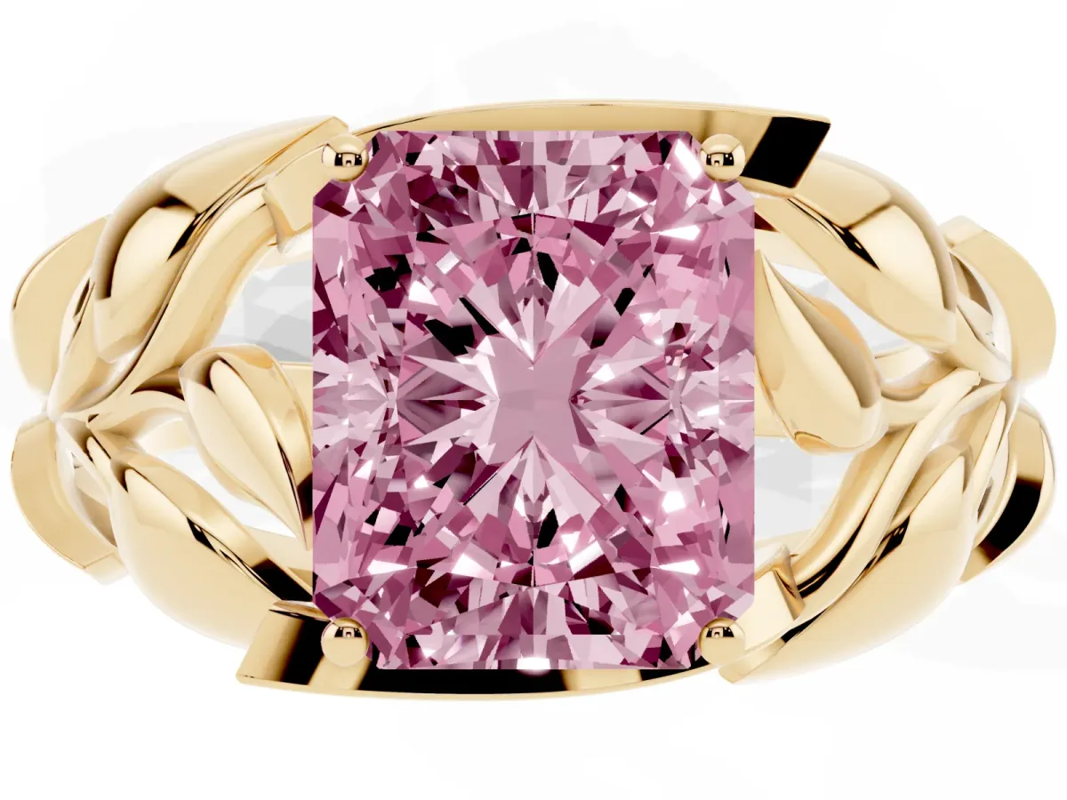 Fancy Pink Radiant Cut Diamond Leaf-Inspired Engagement Ring with Round Accents and Prong Setting Yellow gold