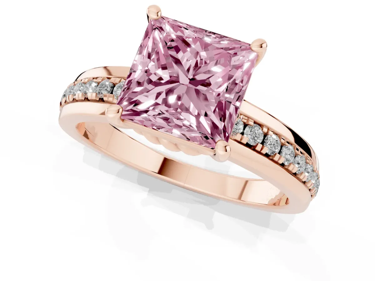 Fancy Pink Princess Cut Solitaire Diamond Ring with Channel Set Band and Six-Prong Setting Rose gold
