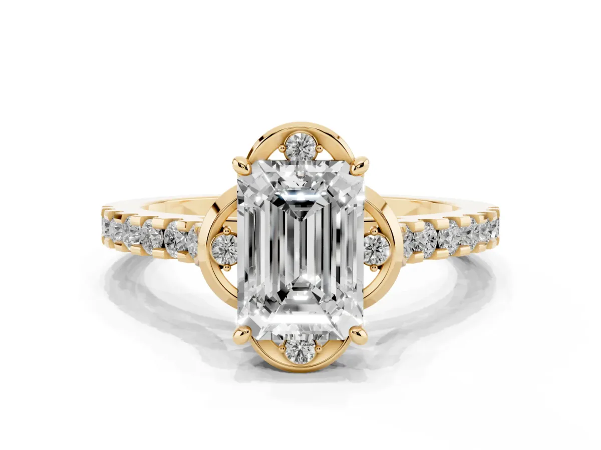 Emerald Cut Diamond Ring with Pavé Band and Floral Prong Setting Yellow gold