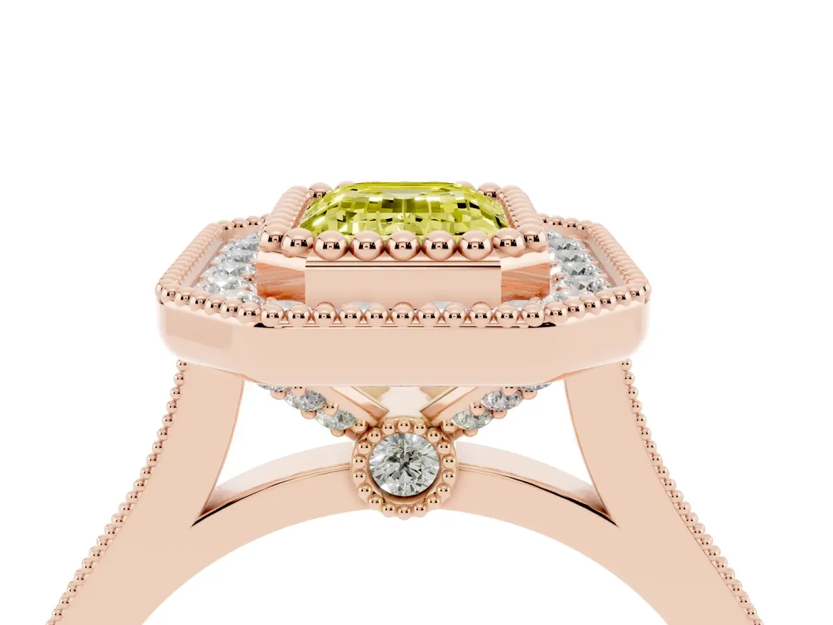 Fancy Yellow Emerald Cut Diamond Halo Ring with Milgrain Frame and Pavé Band Rose gold