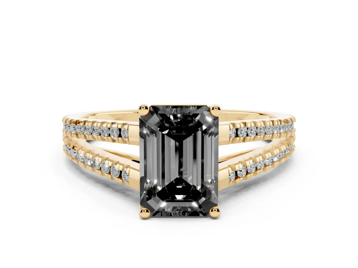Fancy Black Emerald Cut Diamond Solitaire Engagement Ring with Split Shank Pavé Band Yellow gold
