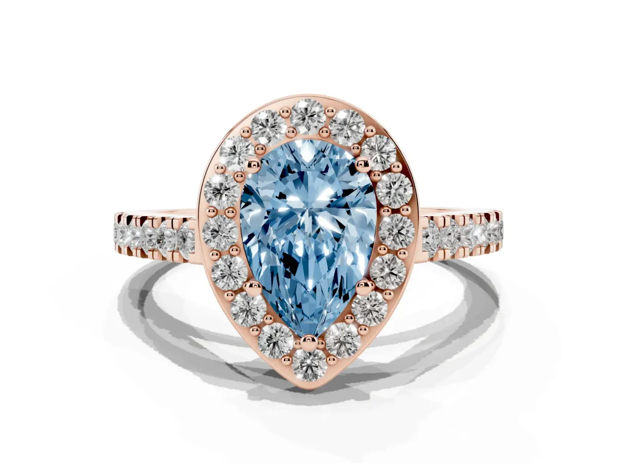 Fancy Blue Pear Cut Diamond Halo Ring with Round Pavé Split Shank and Prong Setting Rose gold
