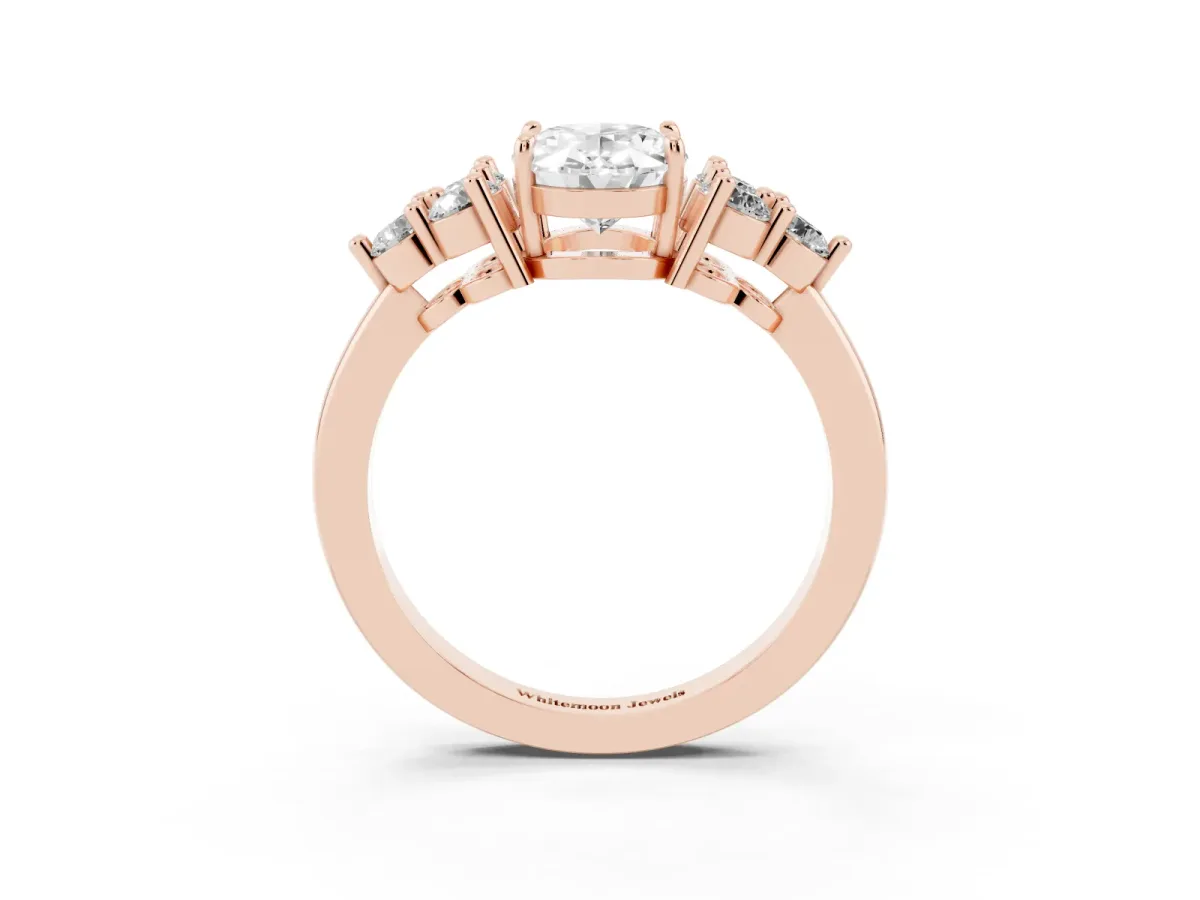 Oval Cut Brilliant Diamond Cluster Accent Solitaire Ring with Prong Setting Rose gold