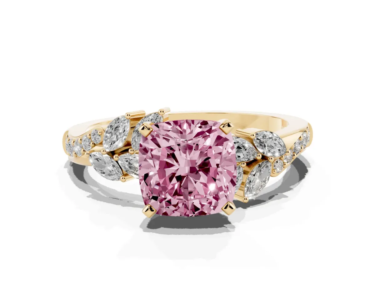 Fancy Pink Cushion Cut Solitaire Marquise Twist Band with Six-Prong Setting Yellow gold