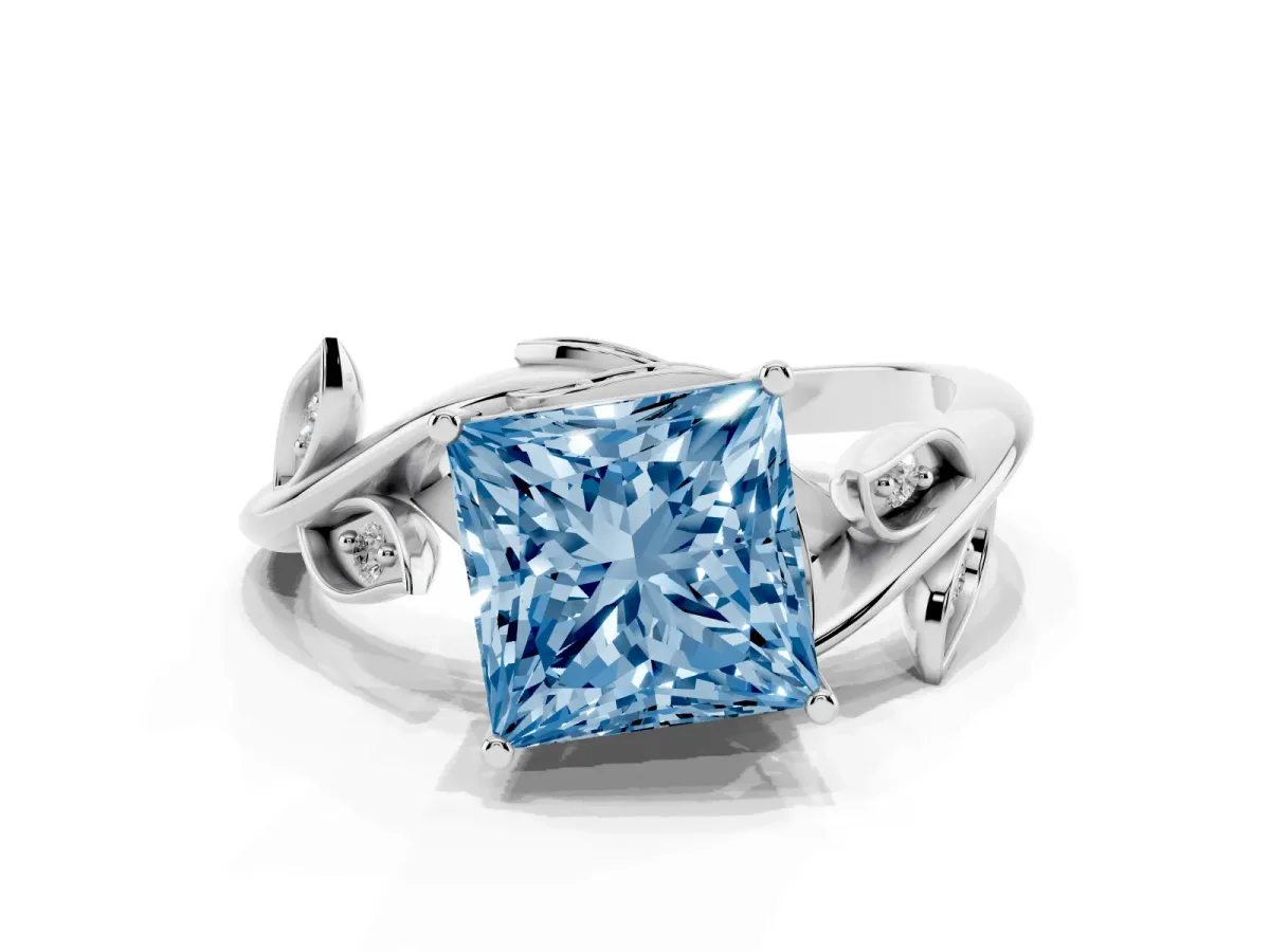 Fancy Blue Princess Cut Solitaire Twist Engagement Ring with Leaf Accents and Prong Setting Silver