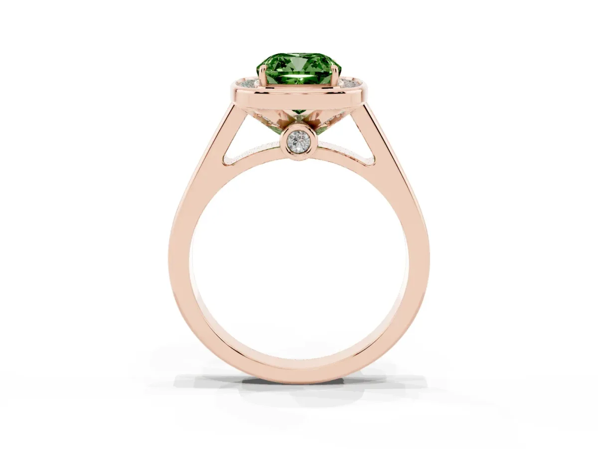 Fancy Green Cushion Cut Halo Solitaire Diamond Ring with Pave Band and Bezel Setting Rose gold