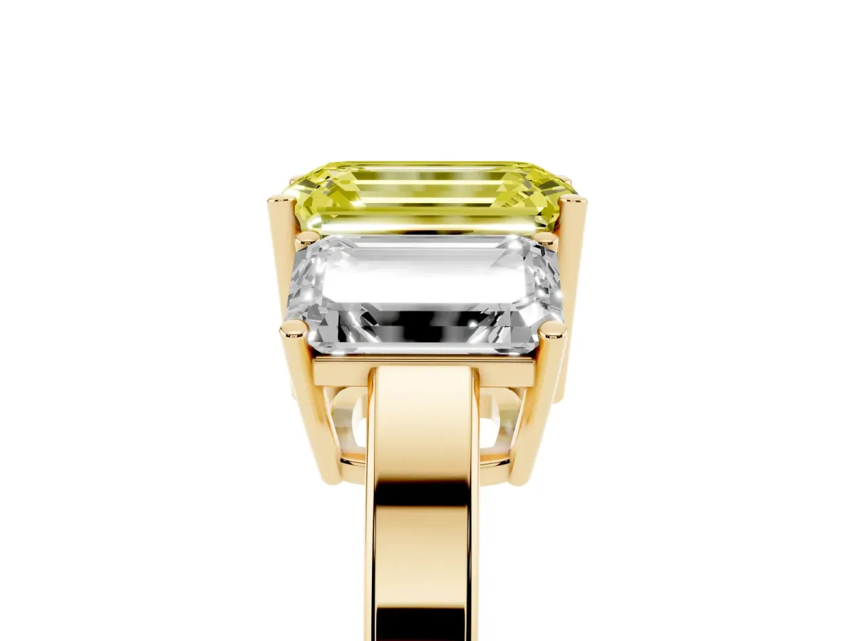 Fancy Yellow Three-Stone Emerald Cut Cut Diamond Engagement Ring with Flat Band and Four-Prong Setting Yellow gold